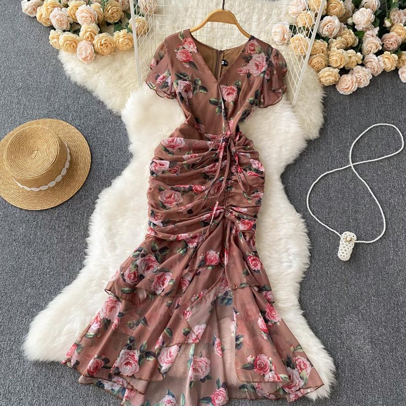 Chic Drawstring Bodycon Short Sleeve Vneck Dress Wrap Dresse Fashion Vestidos Women Vintage Spring and Autumn Trumpet Dress