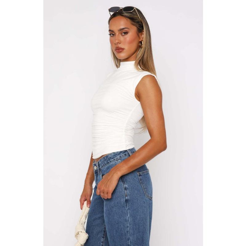 Women's Summer Half High Neck Solid Colour Pleated Slim Sleeveless Simple Comfort Top