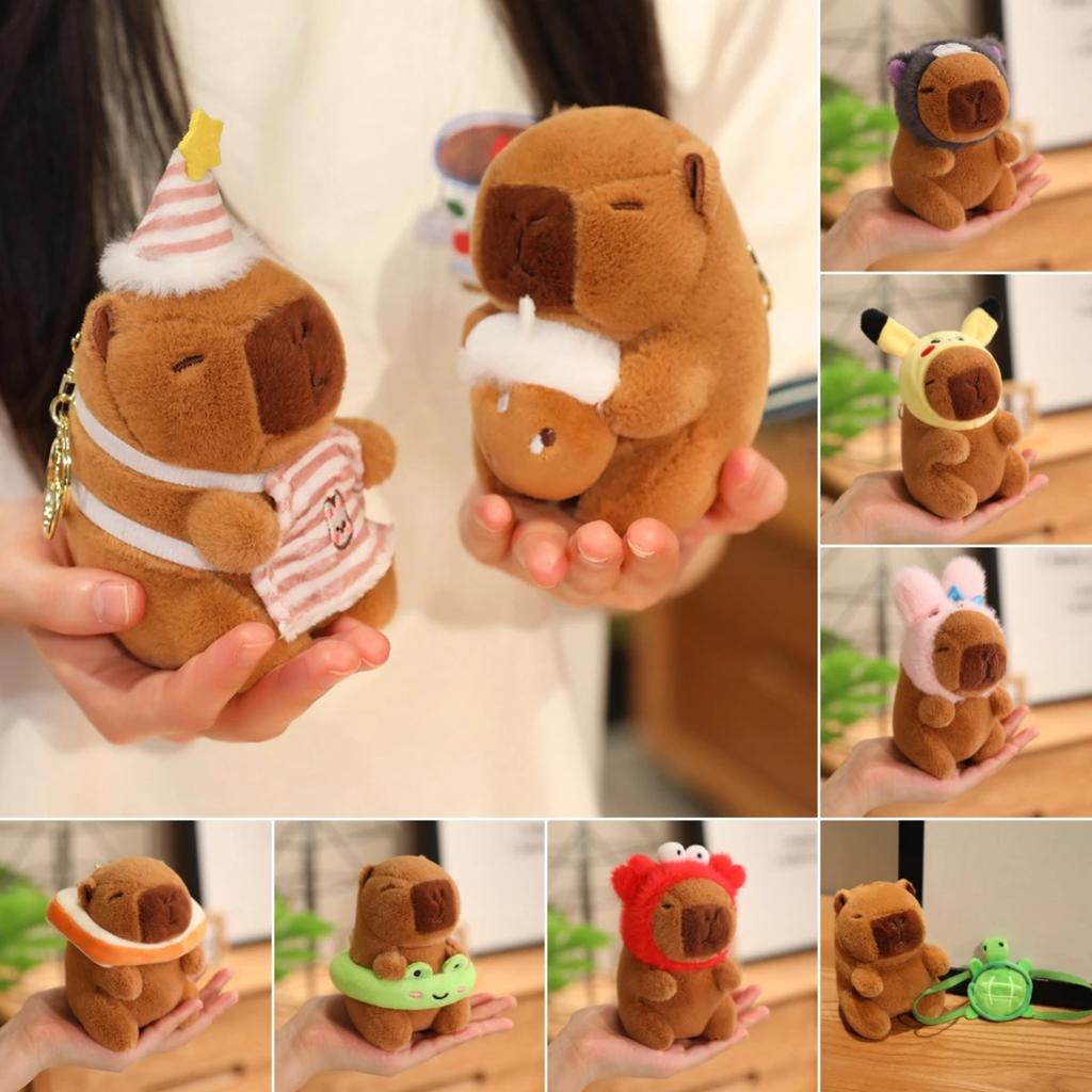 12cm Capybara Small Pendant Simulation Capibara Plushies Anime Toy With Pikachu Rabbit Cat Hat Doll Stuffed Animal Gifts