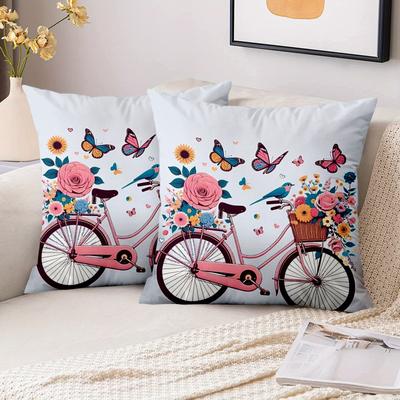 1 Pieces Floral Bicycle Pillow With Butterflies And Bird Polyester Pillowcase, Sofa Decorative Cushion Cov Headboard Pillow
