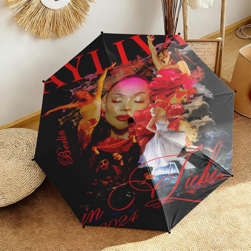 1pc Ayliva Exquisite Poster Art Umbrella Portable Folding Umbrella Iron Frame Hole Bone Structure Outdoor Home Umbrella