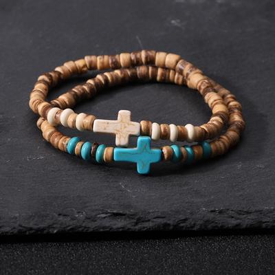 Accessories Men's Trendy New Wooden Bead Turquoise Cross Bracelet Personality Versatile High-end Jewelry