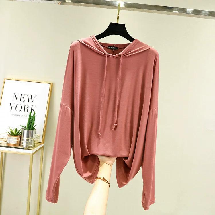 Women Modal Hoodies Solid Basic T-shirt Bottoming Sweatshirts Spring Autum Summer Casual Street Sun Protection Wear