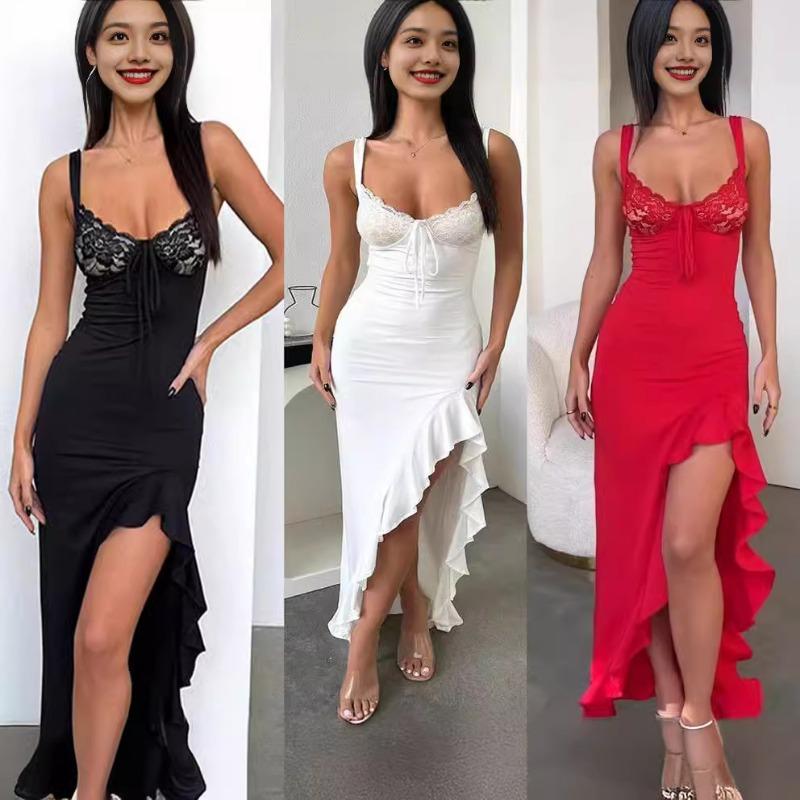 Women's Holiday Sexy Slim-fit Cleavage Tie Spice Lace Lotus Swing Design Halter Slit Dress