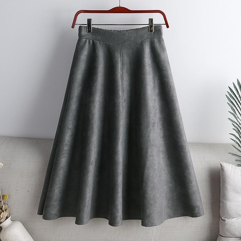 Qooth Women's Suede Fabric Midi Skirt Vintage Flared A-Line Skirt with Wide Hem for Autumn Winter QT2252