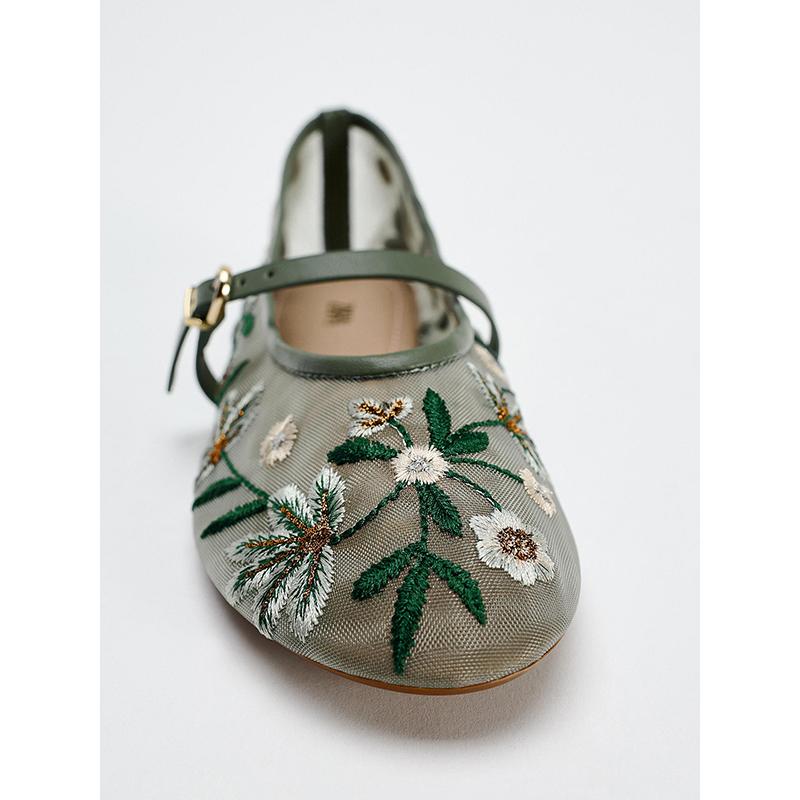 Fashion Spring Autumn Mesh Embroidery Women Mary Jane Shoes Ladies Outdoor Comfort Ballet Style Women's Grandma's Shoes
