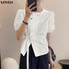 Summer Women Casual O Neck Short Sleeve Solid Splits Bow Knot Blouse Tops