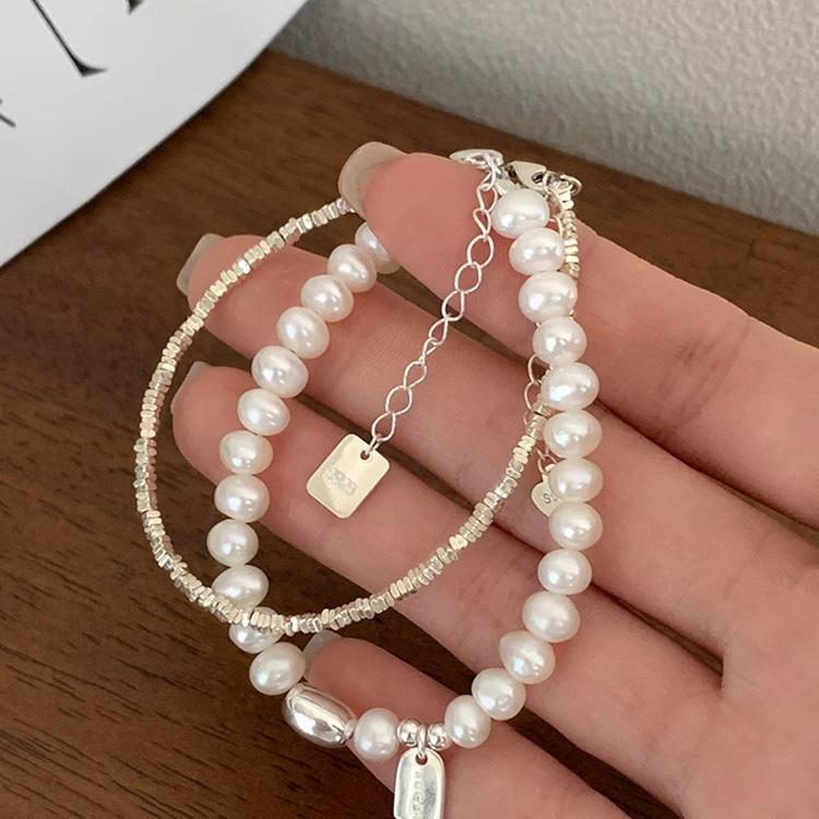 Sterling Silver Personalized Pearl Bead Bracelet for Women - Simple, Fashionable, Stackable Geometric Hand Jewelry.