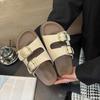 Retro Thick-soled Double-buckle with Drag Women's Shoes, Summer New Fashion Flat-soled One-word Sandals Women's Shoes