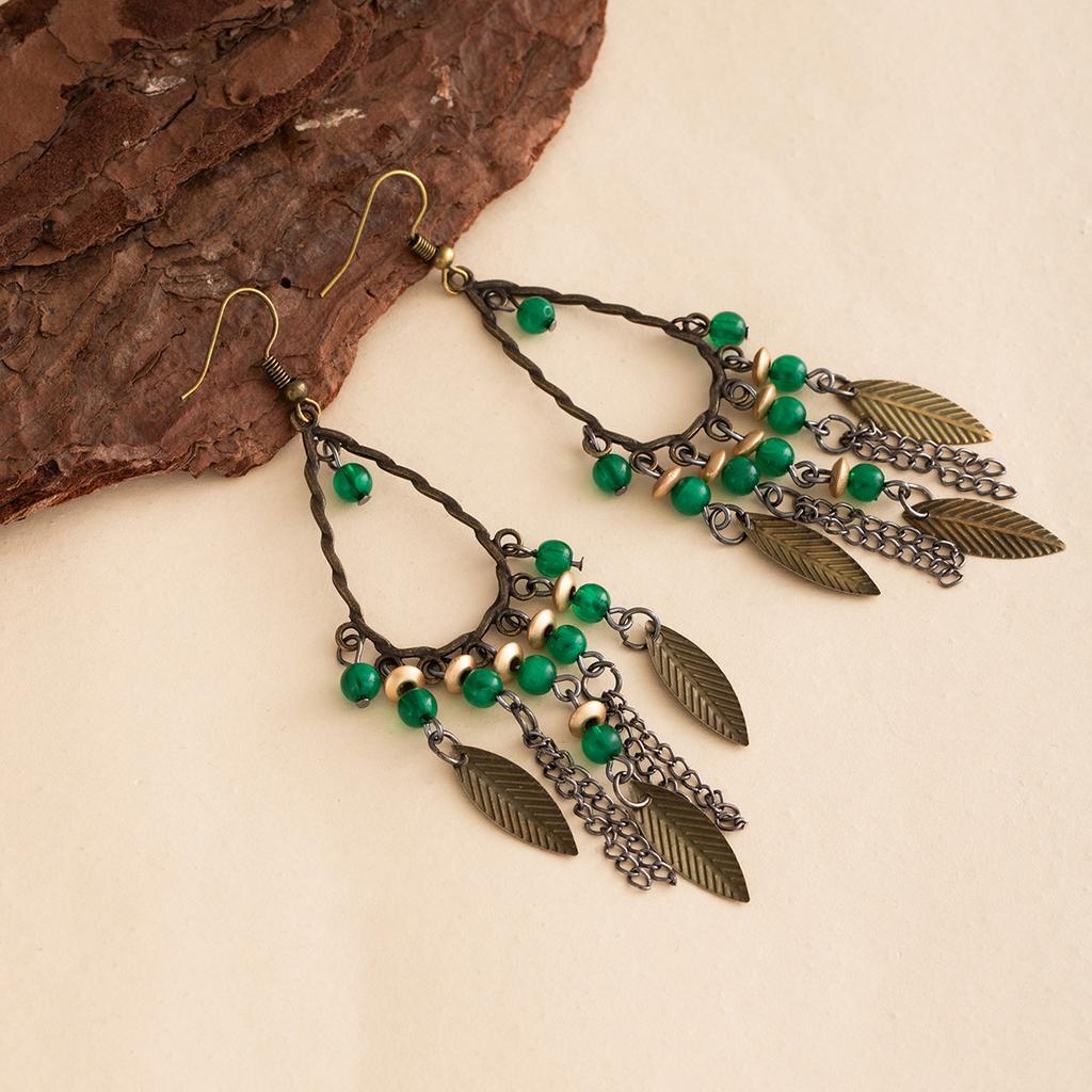 Vintage Bohemian Ethnic Style Earrings Long Green Leaf Beaded Fringed Stud Earrings Niche High-End Earrings