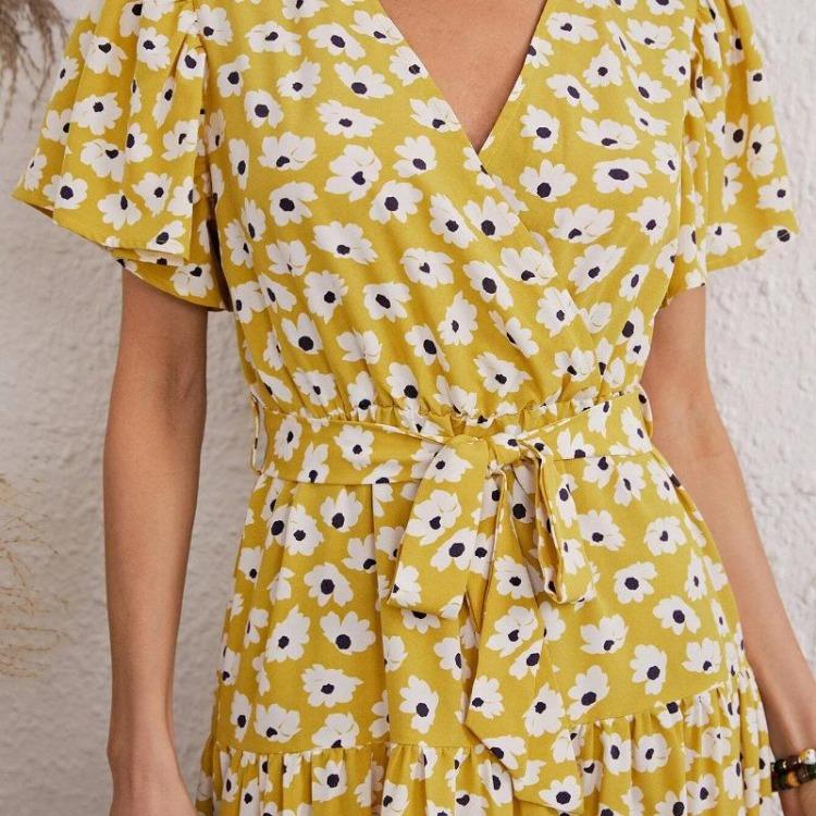 Women Summer Floral Print Long Dress Casual V Neck Short Sleeve A Line Bandage Chiffon Dress Sizes S To XXL