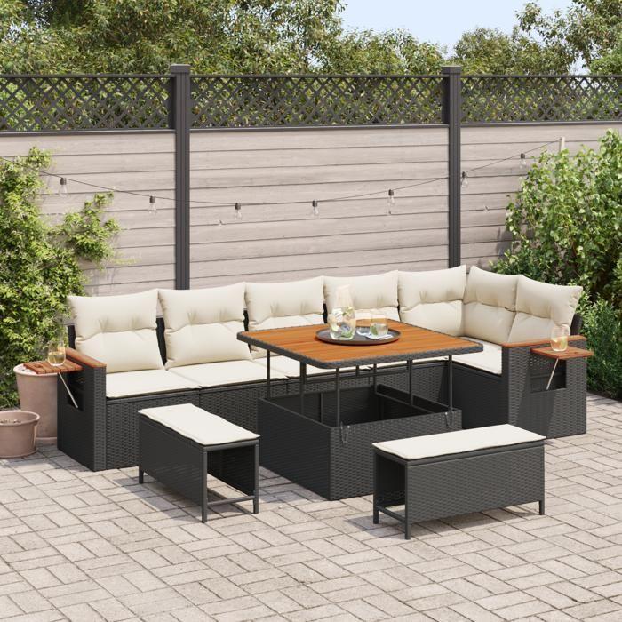 Ensemble de canapés de jardin 9 pièces avec coussins noir poly rotin acacia 3365135