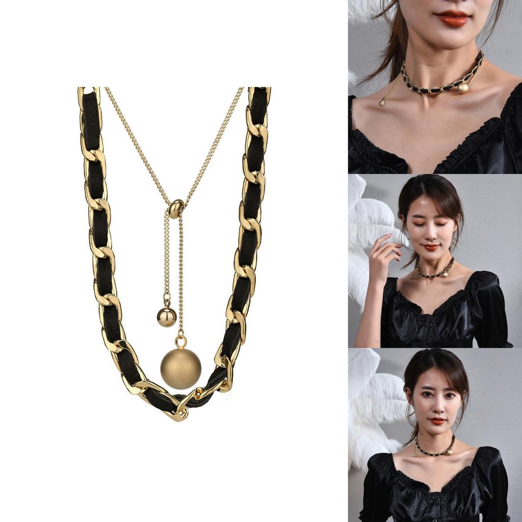 Elegant European Retro Black Handmade Woven Pearl Necklace For Women With Butterfly Bow Design