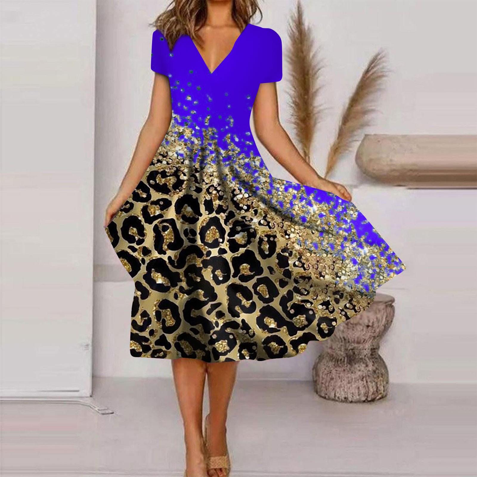 

Женское летнее повседневное модное свободное платье с леопардовым принтом и коротким рукавом с v-образным вырезом M темно-фиолетового
