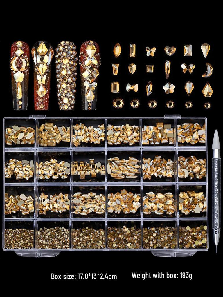 Iridescent Nail Art Rhinestone Set: 24 Grids of Mixed Super Sparkle Flat-Back Rhinestones in Special Shapes with Box Packaging.