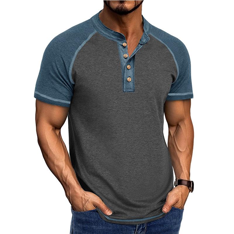 Men's Summer Short Sleeve T-Shirt Fashion Patchwork Henry Collar Button Casual Tees Tops