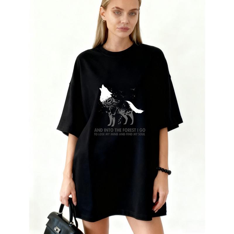 

Oversized T-Shirt Black Wolf Graphic And Into The Forest I Go To Lose My Mind And Find My Soul Print Casual Streetwear For Women XXXXL чорний