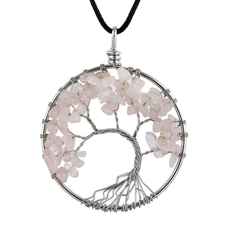 Natural Stone Irregular Tree Of Life Necklace Pendant Amethyst Wrapped Wisdom Tree Necklace Colorful Gravel N02