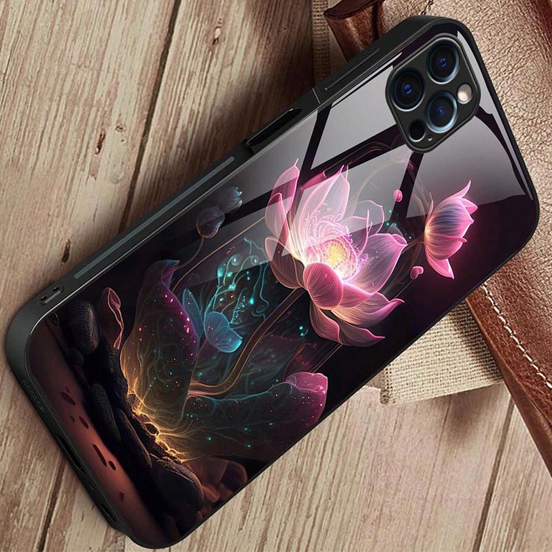 Luxury Lotus Flower Print Glass Phone Case For iPhone 11 12 13 14 15 16 17 Pro Max 16E 17Air 7 8 Plus XR XS X Shockproof Cover