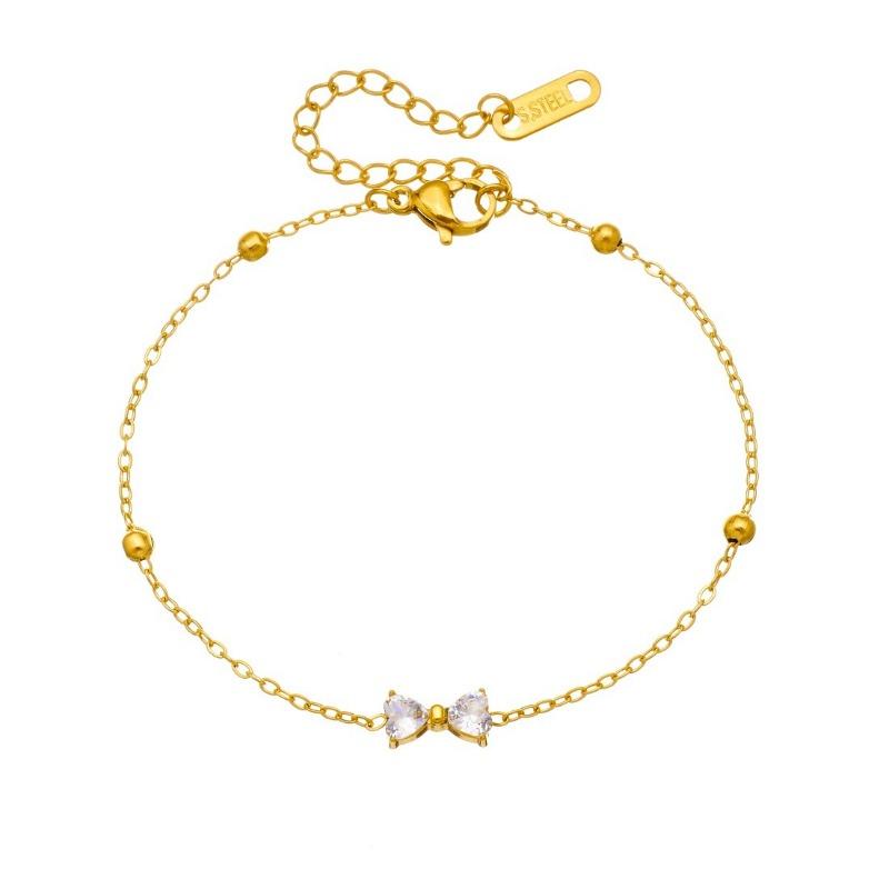 Gold Plated Bow CZ Beaded Bracelet, Dainty Butterfly Bow Charm Link Chain with Clear Zircon, Cute Everyday Jewelry for Women Gift