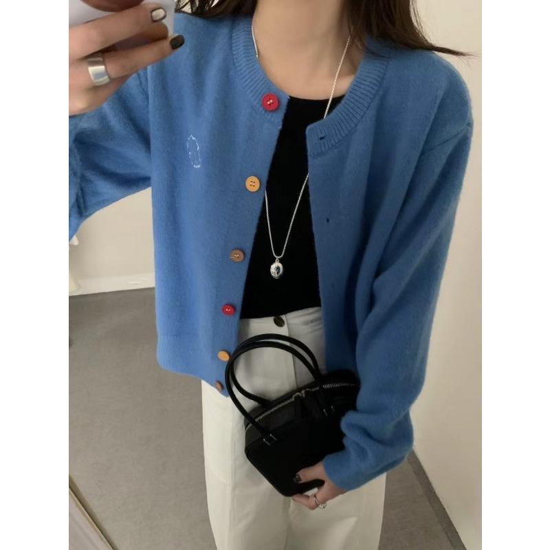 

Gentle retro age-reducing puppy embroidered colorful buckle crew neck knitted cardigan women s spring and autumn small sweater jacket