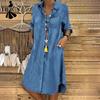Women's Fashion Spring Fall Solid Color Print Long Sleeve POLO Neck Loose Waistline Casual Dresses