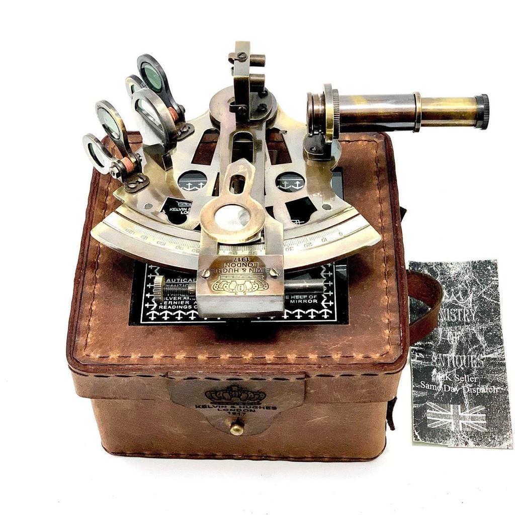 Antiker maritimer nautischer Sextant Vintage Marine Astrolab Schiffsgeräte mit echter Lederbox Messing Schiffssextant mit Glasdeckelbox