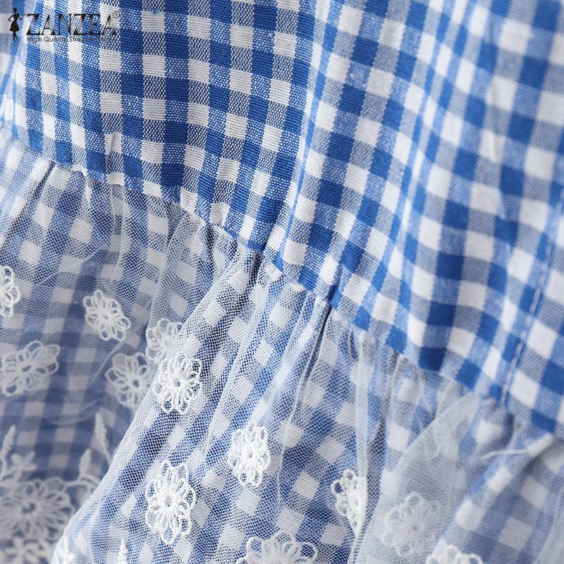 ZANZEA Women Summer Round Neck Lace Patchwork Plaid Casual Ruffled Blouse