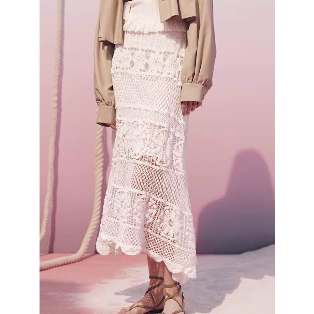 DIMANAF 2026 Neuer Rock Damen Strick Spitze Lang Spitze Durchbrochen Sexy Durchbrochen Sommer Stil Locker Basic