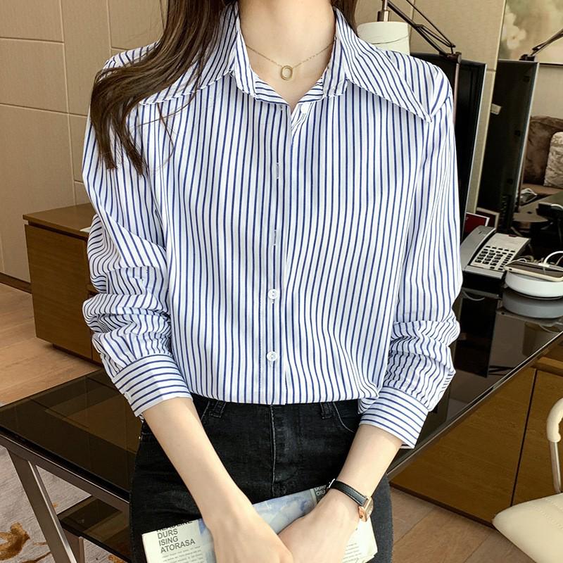 2025 Korean Style Women's Striped Cotton Shirt - Spring Versatile & Professional