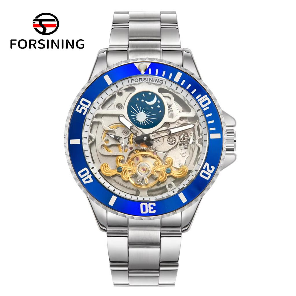 Forsining Luxury Mechanical Watch for Men Moon Phase Rotating Bezel Tourbillon Skeleton Automatic Watches
