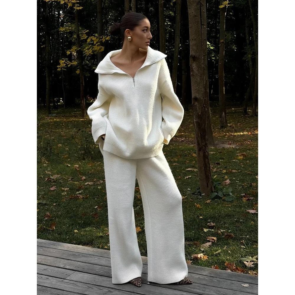 Women's Collared Half Zip Ribbed Knit 2-Piece Set Oversized Wide Leg Pants Fashion Sweater Suit