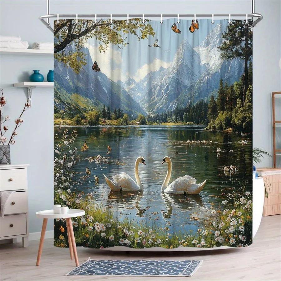 1pc Alpine Swan Shower Curtain - Serene Swan Lake Mountain Landscape with Wildflowers & Butterflies, Durable Polyester Fabric, M