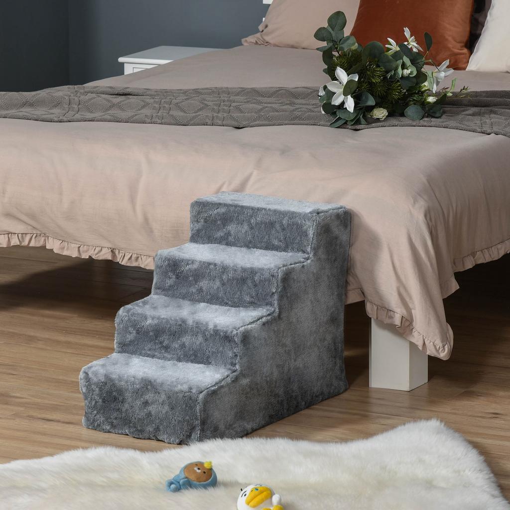 Four-Step Dog Stairs, with Washable Plush Cover, for High Bed Sofa, Dog Stairs for Small Dog and Cat - Light Grey