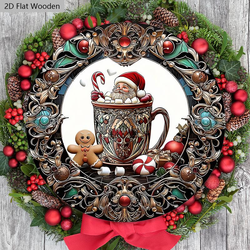 Christmas Hot Cocoa Wooden Sign with Santa Claus & Gingerbread Man Pattern - Navidad Sign for Front Door, Wall Hanging Decor - Ideal Christmas Decor