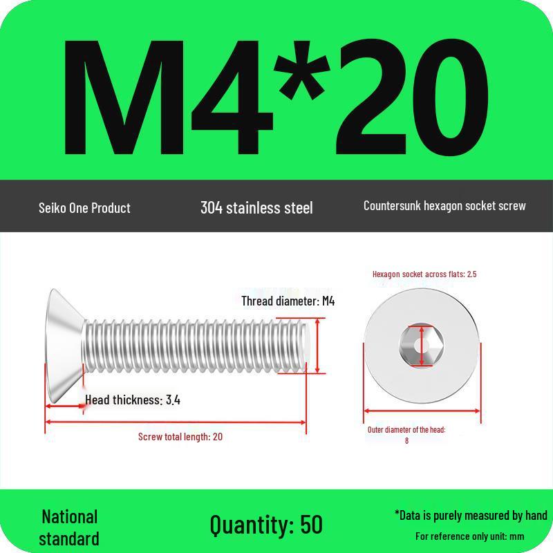 M2-M10 Stainless Steel Flat Head Machine Screws and Bolts Set, Countersunk Hex Socket Cap, 304 Grade.