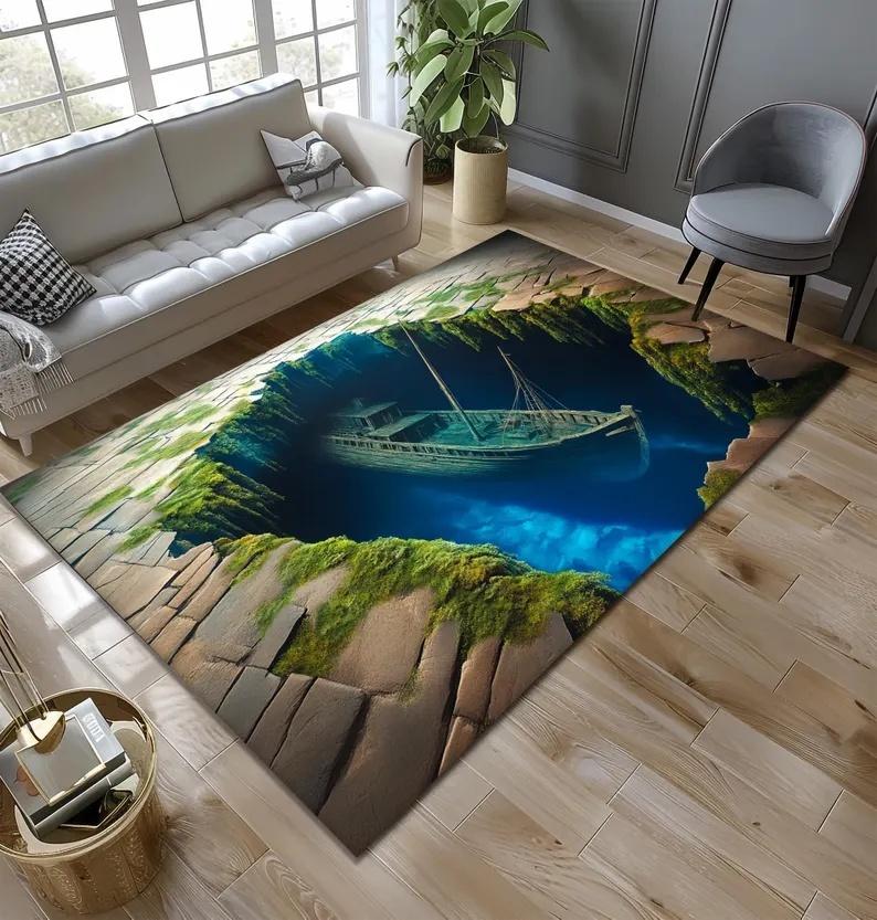 Forgotten Ship Carpet Under 3D Earth Cracks Ancient and Broken Ship Carpet Anti Slip Floor Mat Home Decoration