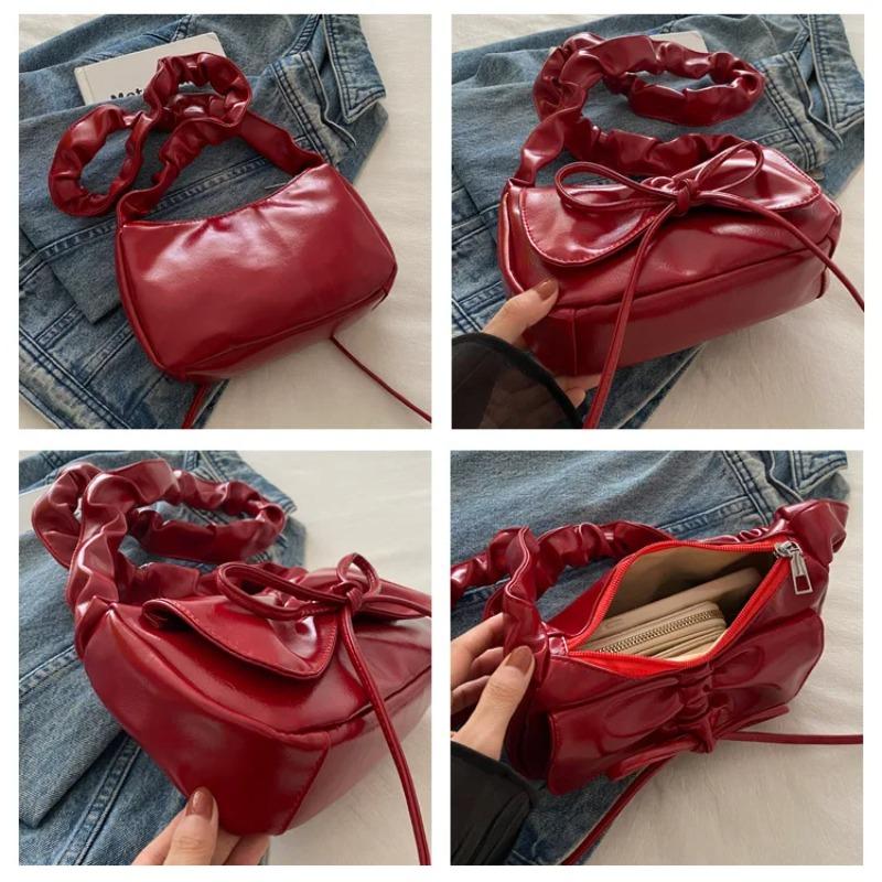 Soft PU Leather Women's Small Shoulder Bags Simple Ruched Design Ladies Underarm Bag Solid Color Bowknot Fashi Purse Handbags