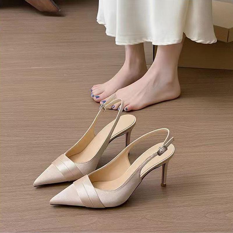 Sandals Women's Satin Temperament Pointed Head Bag Head Thin Heel One-word Buckle Apricot French 2025 New Women with Versatile Sandals