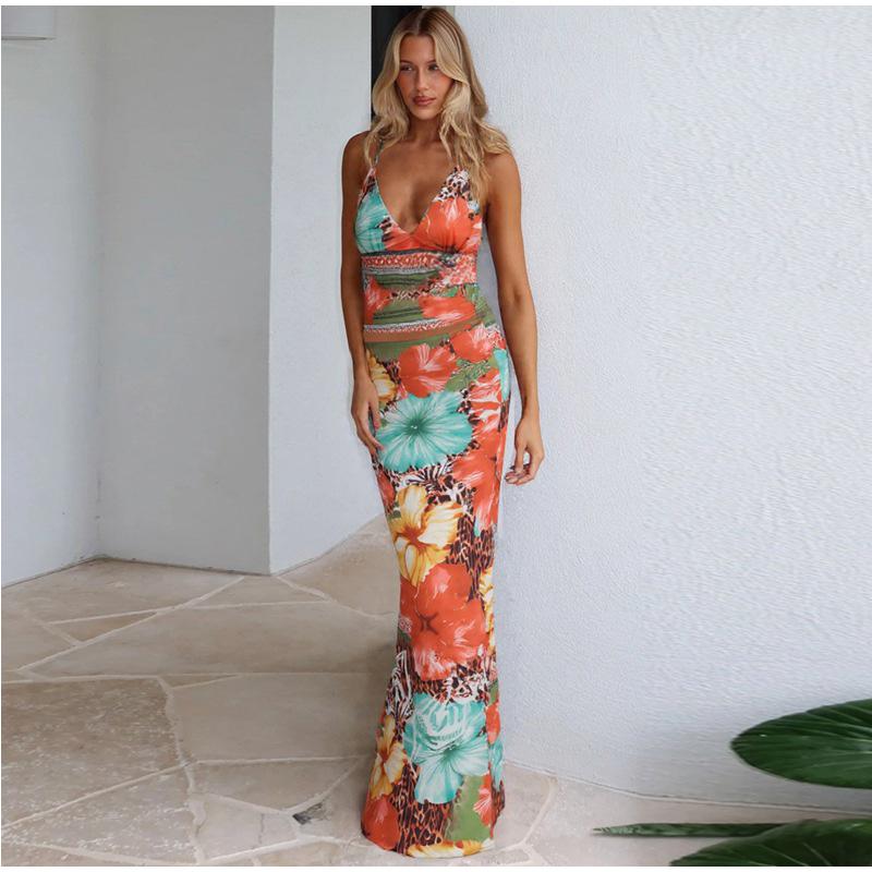 Women's V-neck Lace Up Vest Half Skirt Two-pieces Set Summer New Set Printed Beach Vacation Style Slim Fit Temperament Women's Vest Skirt Sets