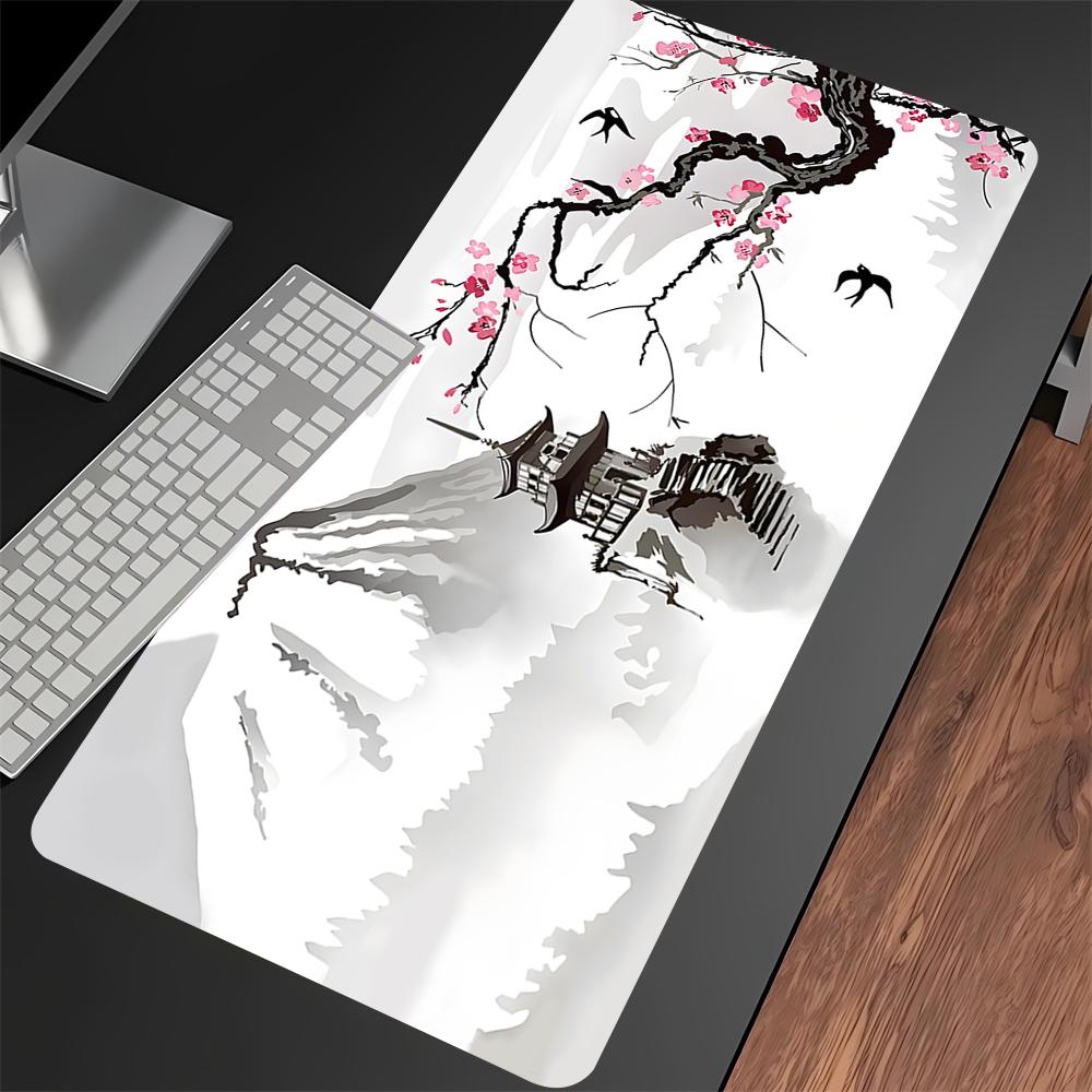 Extended Deskmat Large Black and White Cherry Blossom Game Mouse Pad Lock Edge Keyboard Mat Sakura Nonslip Rubber Mousepad