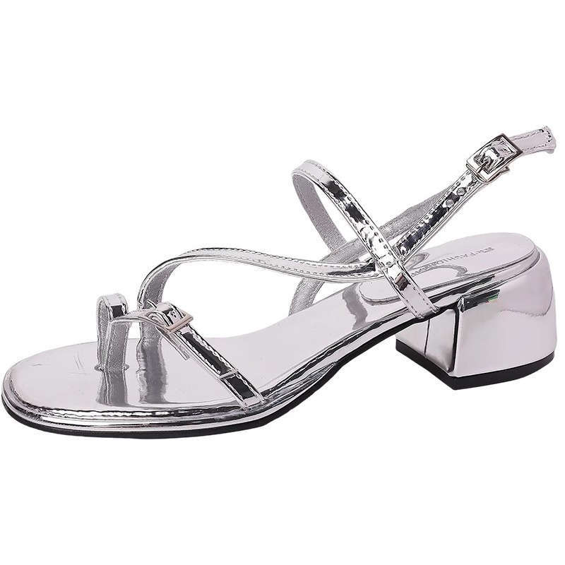 Retro brown word with Roman sandals women's summer new thick heel with skirt beautiful toe sandals