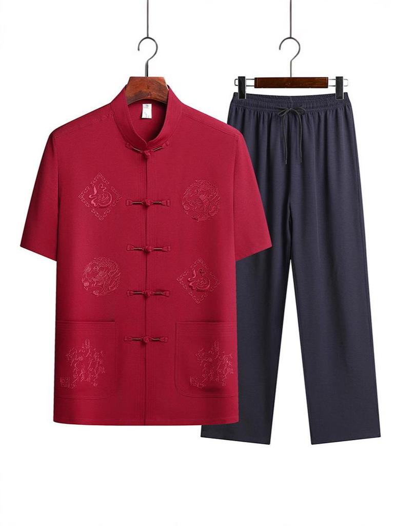 Summer Short-Sleeve Tang Suit Set for Middle-Aged and Elderly Men