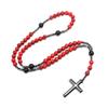 Red Pine Stone Rosary Necklaces Hematite Cross Christian Prayer Jewelry for Men