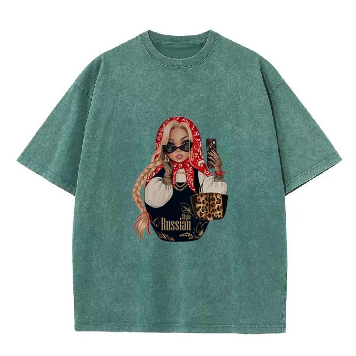 Fashion Russian Style Babushka Doll Print T-shirt Vintage Washed Casual Loose Short Sleeve Streetwear Tops