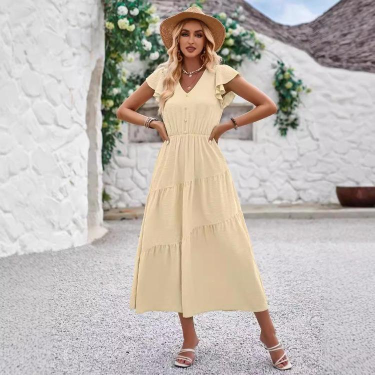 Vestido Feminino de Verão Casual Decote V Slim Cor Sólida Linha A Cintura Alta Camadas Vestidos Longos Primavera Manga Curta Folha de Lótus S-XL