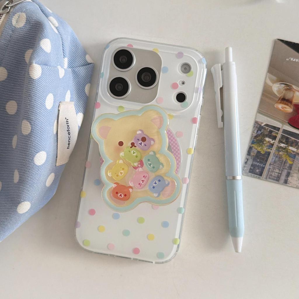 Colorful Polka Dot Bear Stand Case for iPhone 15/14/16 17ProMax