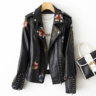 Women's Business Casual Waisted PU Leather Jacket Embroidered Rivets Faux Leather Short Jacket Office Jacket