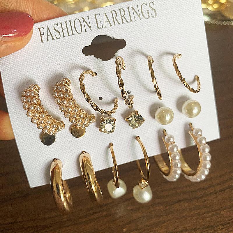 9Pairs/Set Bohemia Geometric Hoop Earring Set Vintage Boho Chain Pearl Earrings Women Star Heart Zircon Ear Studs Jewelry