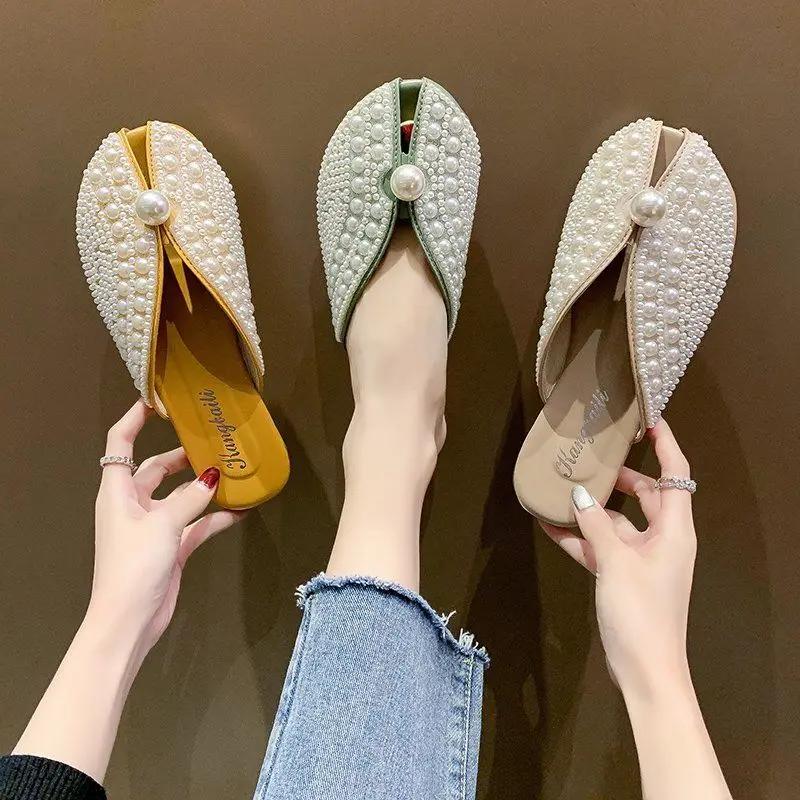 Fashion Indoor Flat Round Toe Fish Sandals Shoes for Women Slides Pearl Yellow Mules Woman Slippers Designer Sale I Trend F H Sandal 39